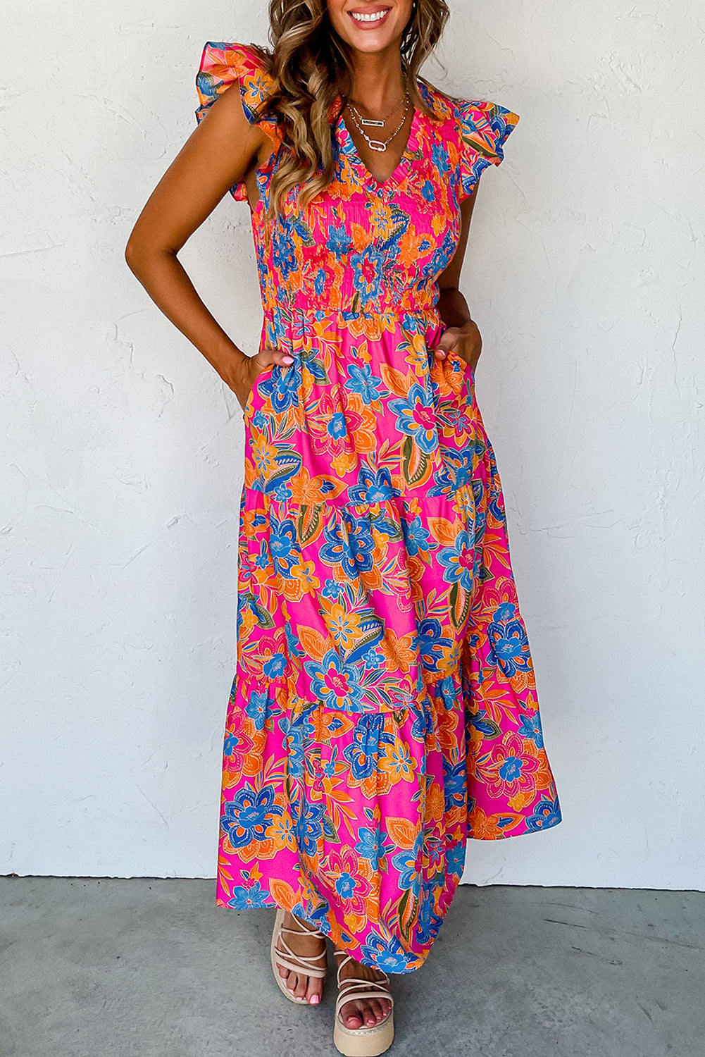 Women's Hot Pink Floral Maxi - Large