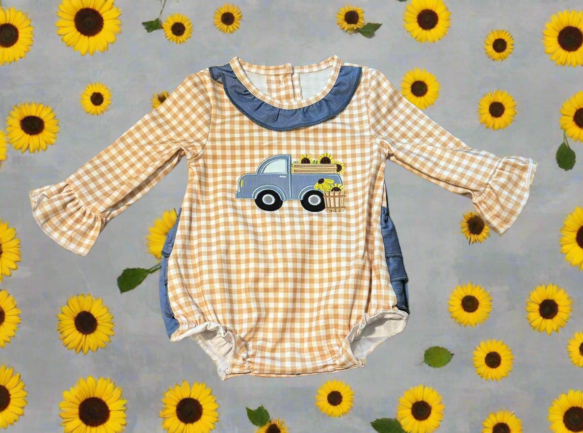 Embroidered Sunflower Truck Girl Bubble - 6M